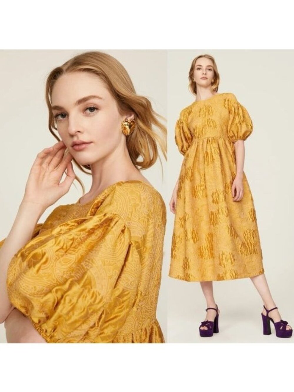 RHODE Ruth Jacquard Puff Sleeve Midi Dress M Flax Yellow Oversized